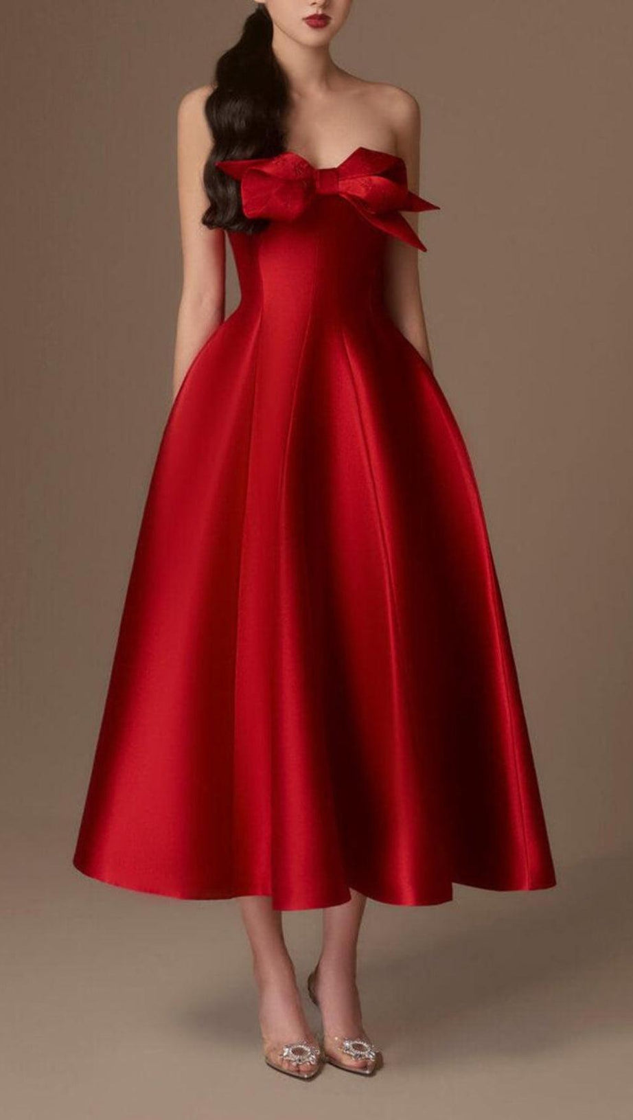 RED FLARED SEMI-HEART NECK TAFFETA MIDI DRESS