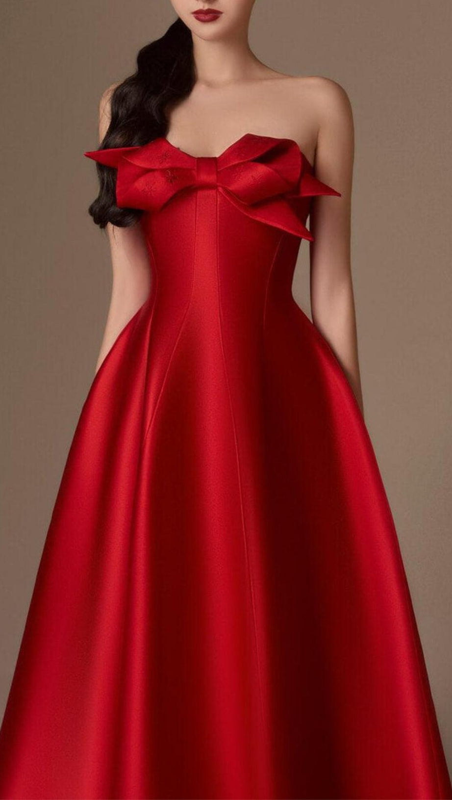 RED FLARED SEMI-HEART NECK TAFFETA MIDI DRESS