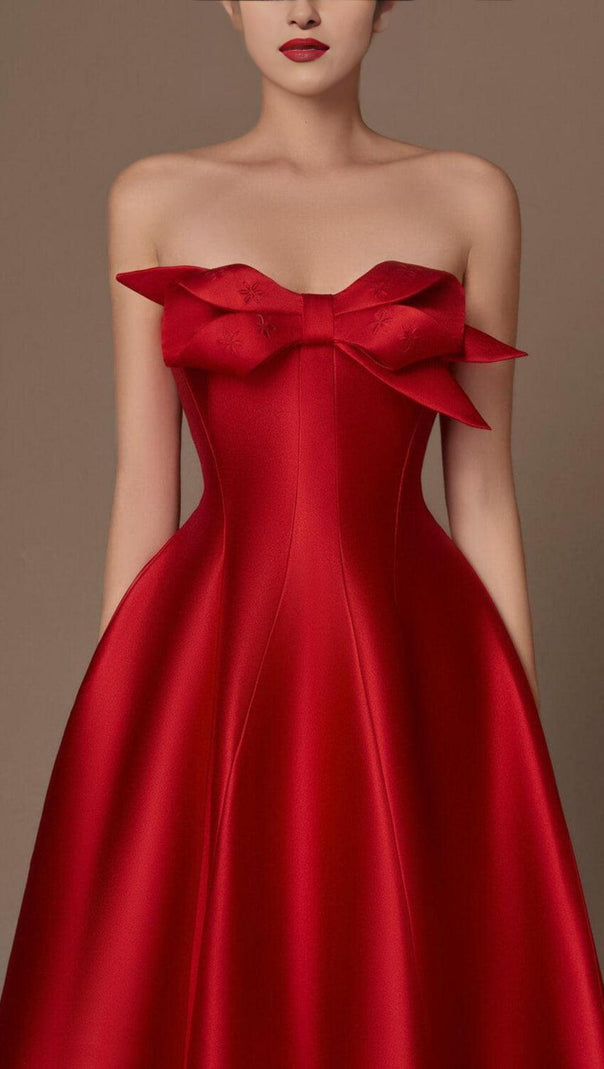 AIIZIE RED FLARED SEMI-HEART NECK TAFFETA MIDI DRESS - product image