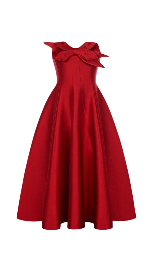 AIIZIE RED FLARED SEMI-HEART NECK TAFFETA MIDI DRESS - product image