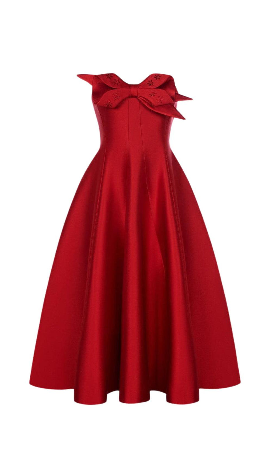 RED FLARED SEMI-HEART NECK TAFFETA MIDI DRESS