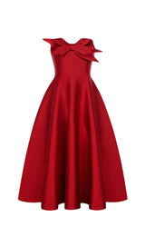 RED FLARED SEMI-HEART NECK TAFFETA MIDI DRESS