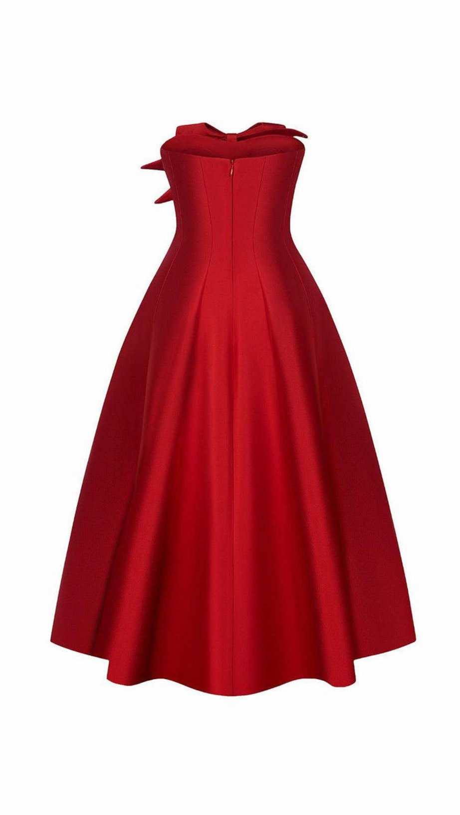 RED FLARED SEMI-HEART NECK TAFFETA MIDI DRESS