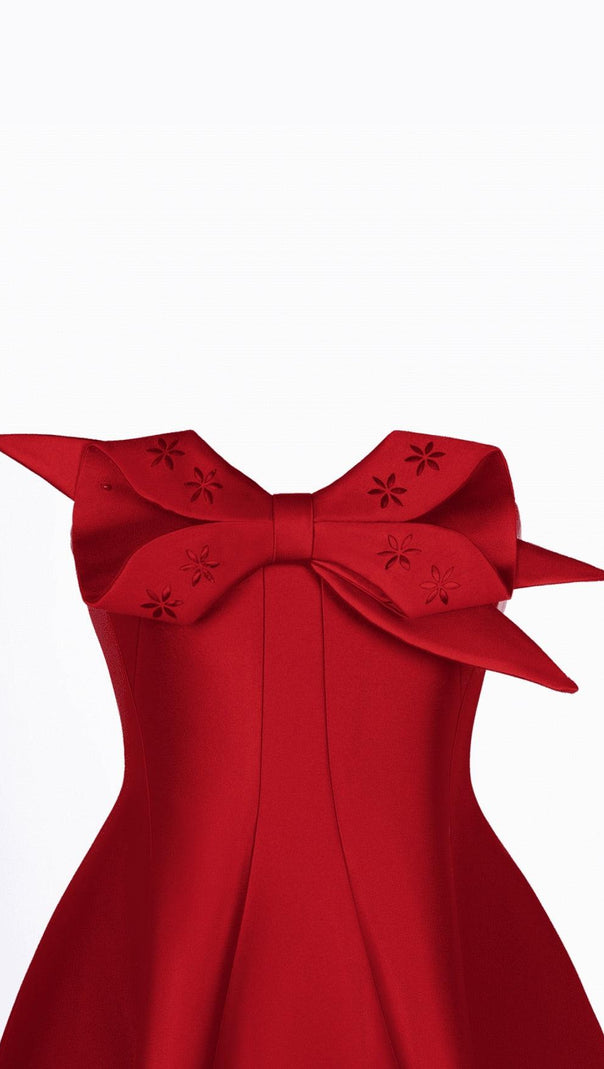 AIIZIE RED FLARED SEMI-HEART NECK TAFFETA MIDI DRESS - product image