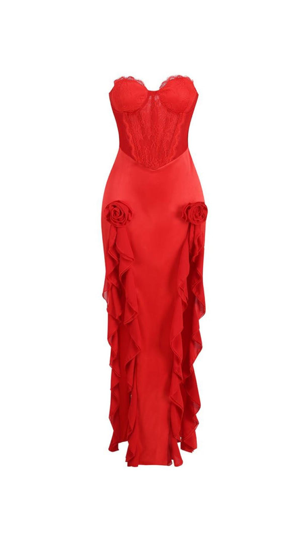 Red Satin Lace Corset Maxi Dress