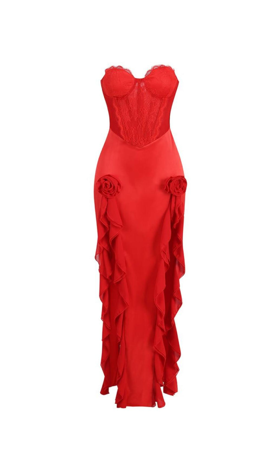 RED SATIN LACE CORSET MAXI DRESS