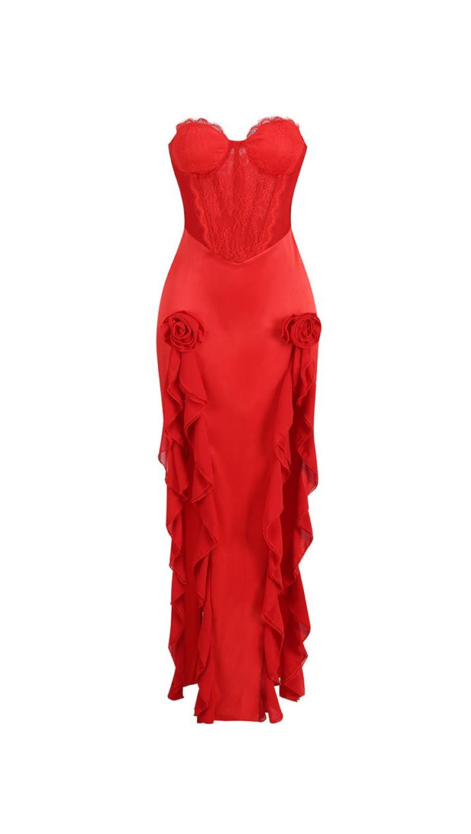 RED SATIN LACE CORSET MAXI DRESS