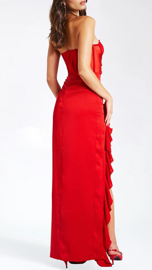 Red Satin Lace Corset Maxi Dress