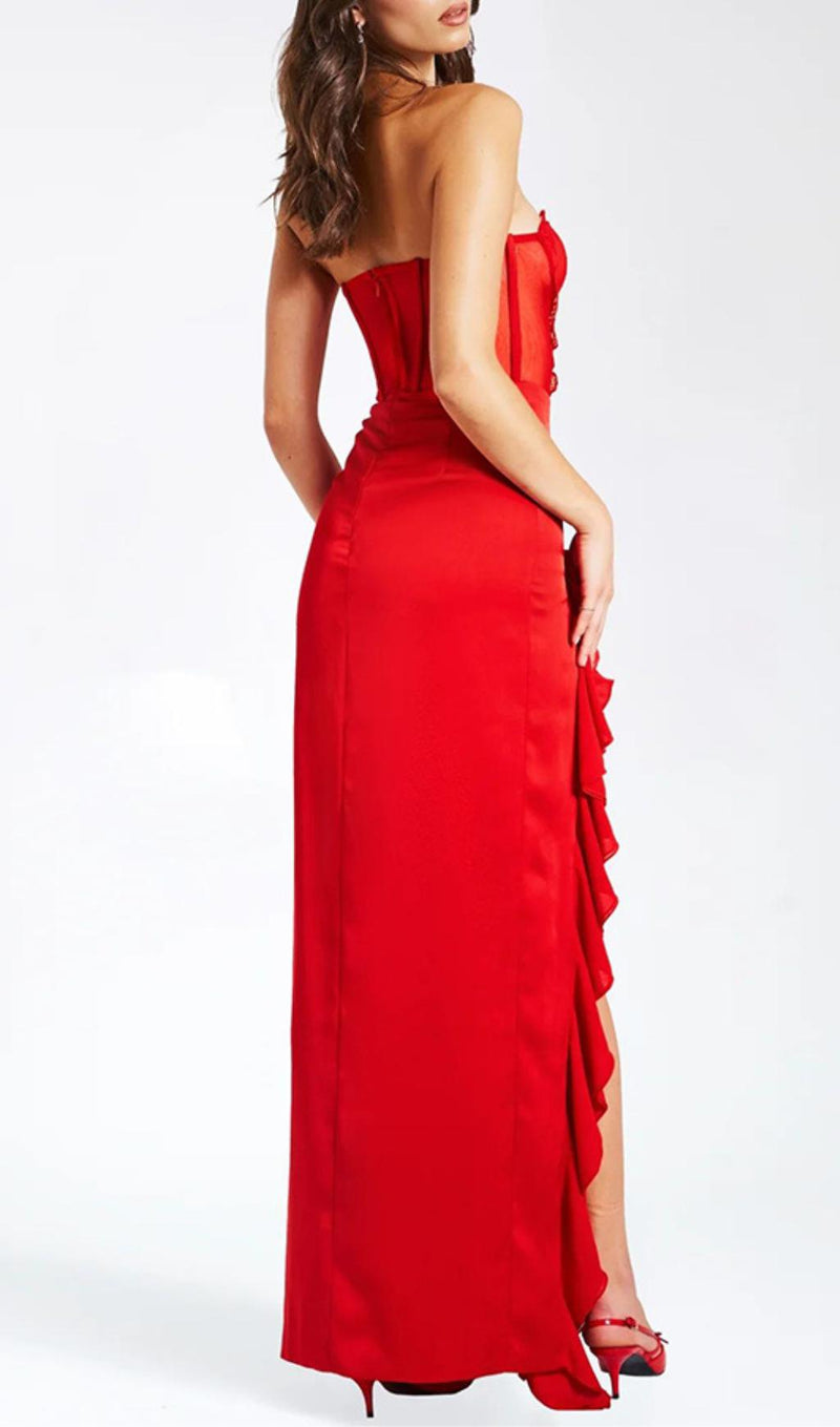 RED SATIN LACE CORSET MAXI DRESS