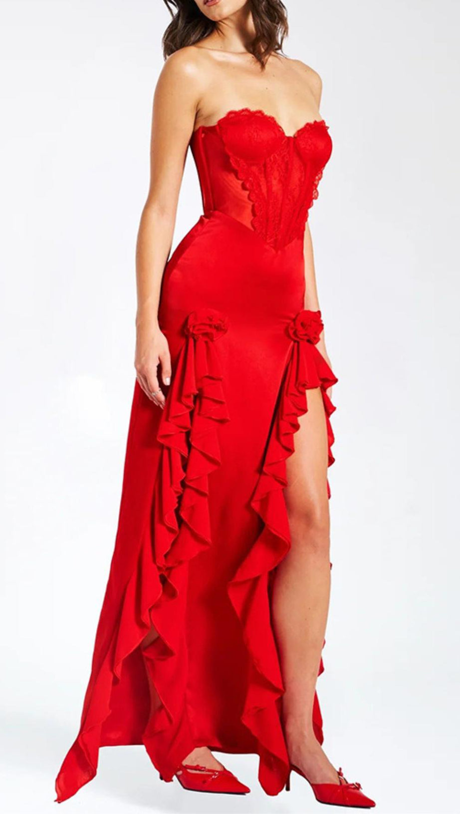 RED SATIN LACE CORSET MAXI DRESS – AIIZIE