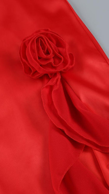 RED SATIN LACE CORSET MAXI DRESS