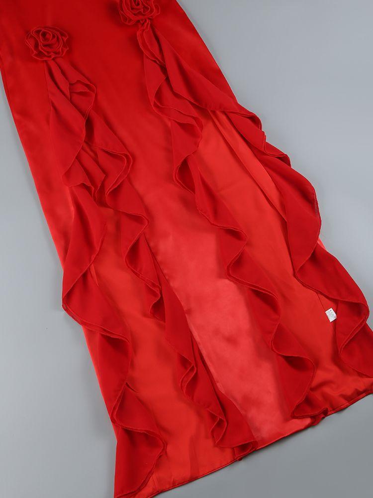 Red Satin Lace Corset Maxi Dress