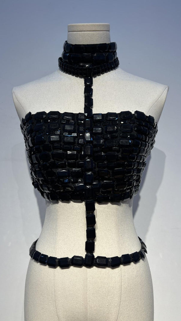 AIIZIE RHINESTONE CUTOUT CROP TOP IN BLACK - product image