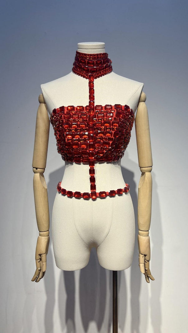 AIIZIE RHINESTONE CUTOUT CROP TOP IN RED - product image