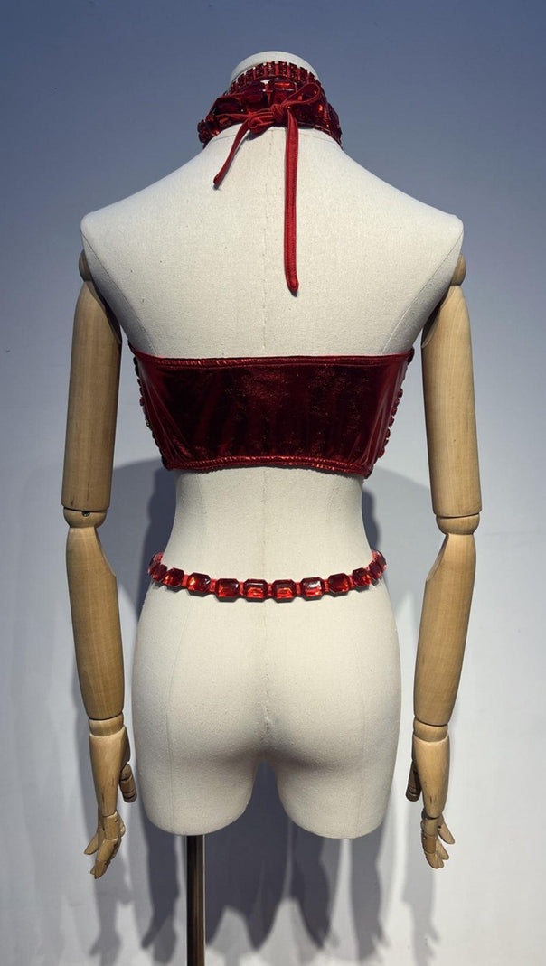 AIIZIE RHINESTONE CUTOUT CROP TOP IN RED - product image