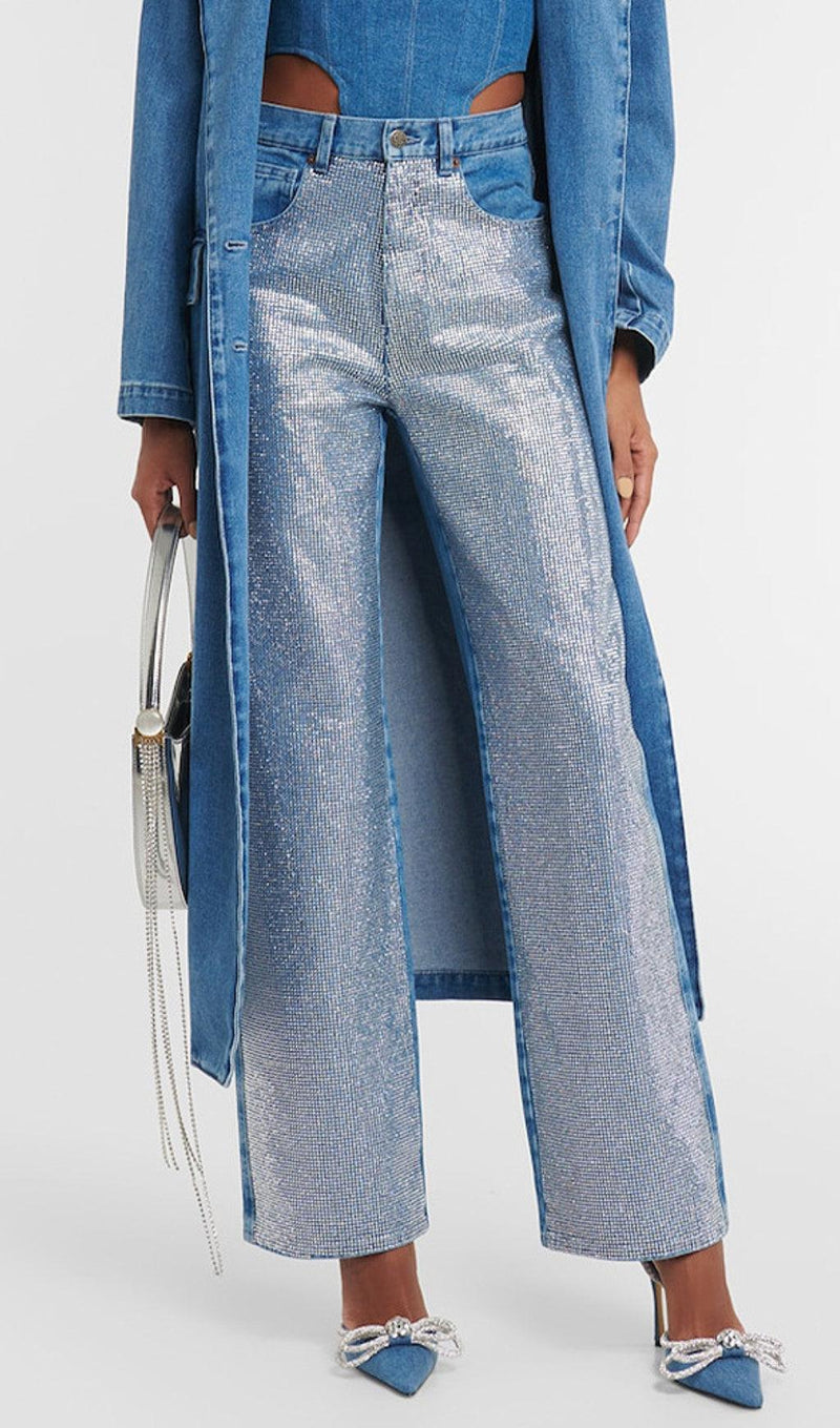 RHINESTONE PATCHWORK DENIM PANTS