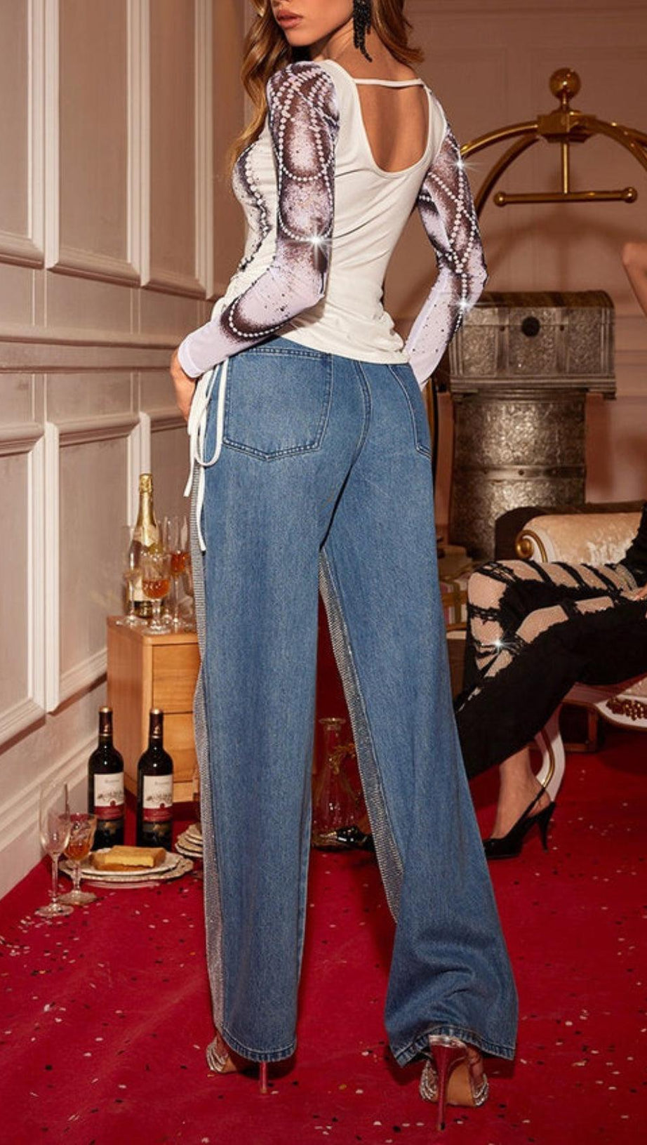 RHINESTONE PATCHWORK DENIM PANTS