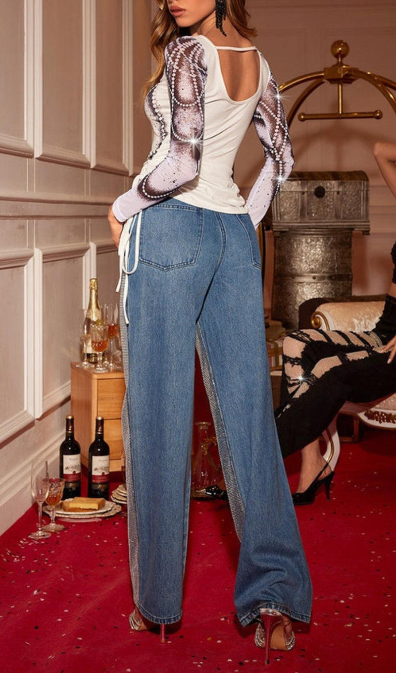 RHINESTONE PATCHWORK DENIM PANTS