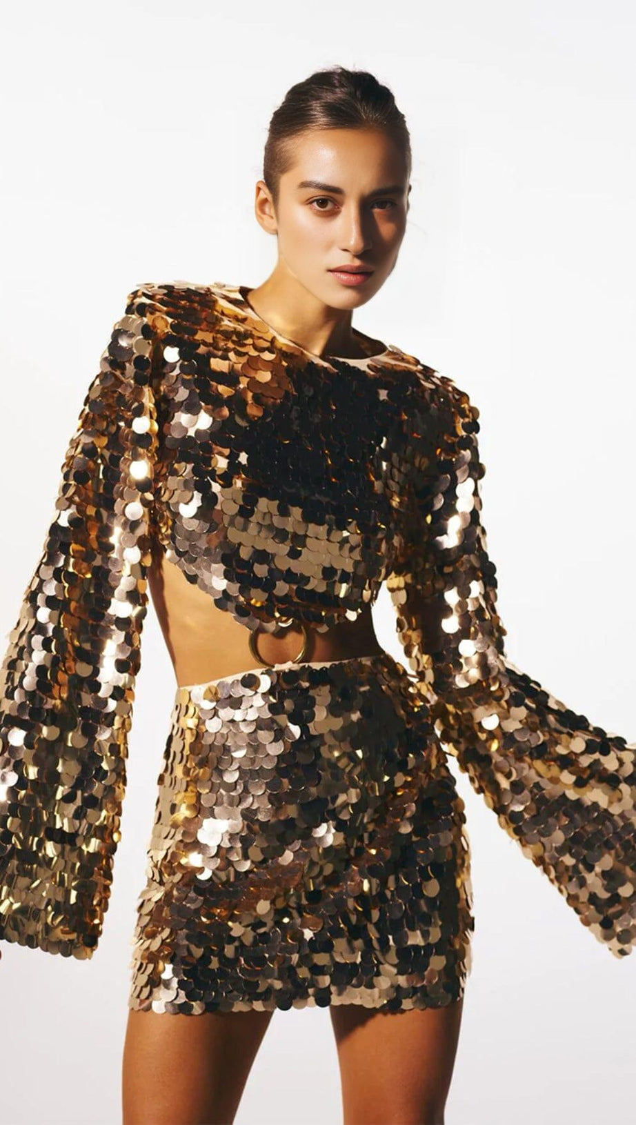 SPARKLING LONG SLEEVE MINI DRESS IN GOLD