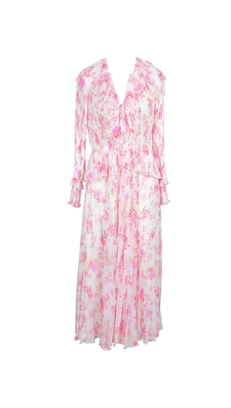 RUFFLED FLORAL-PRINT PLISSÉ-CHIFFON MAXI DRESS