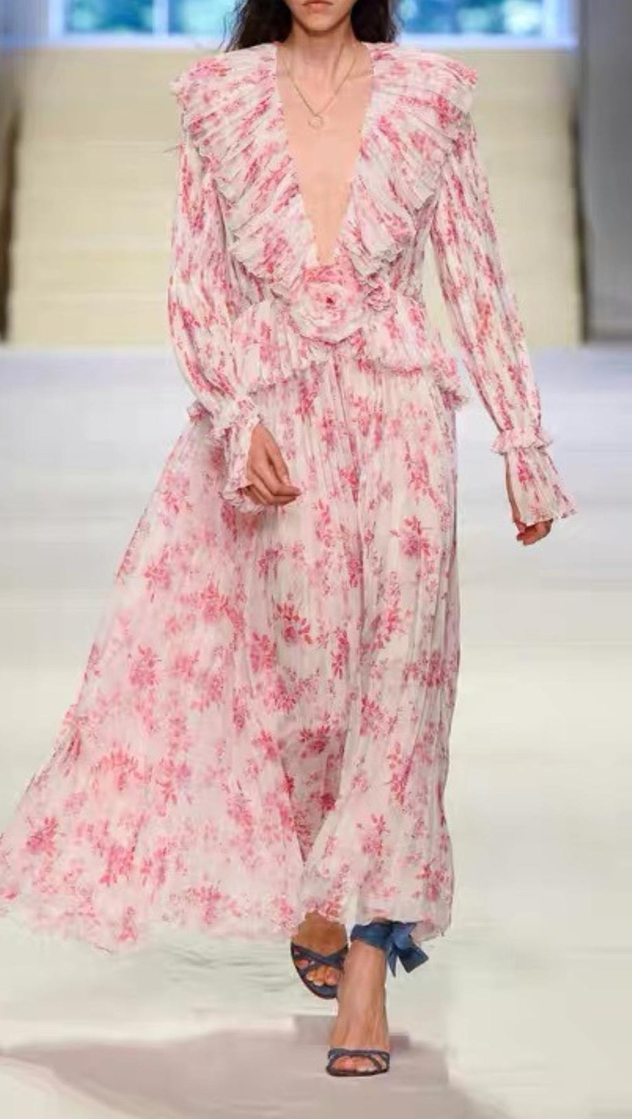 RUFFLED FLORAL-PRINT PLISSÉ-CHIFFON MAXI DRESS