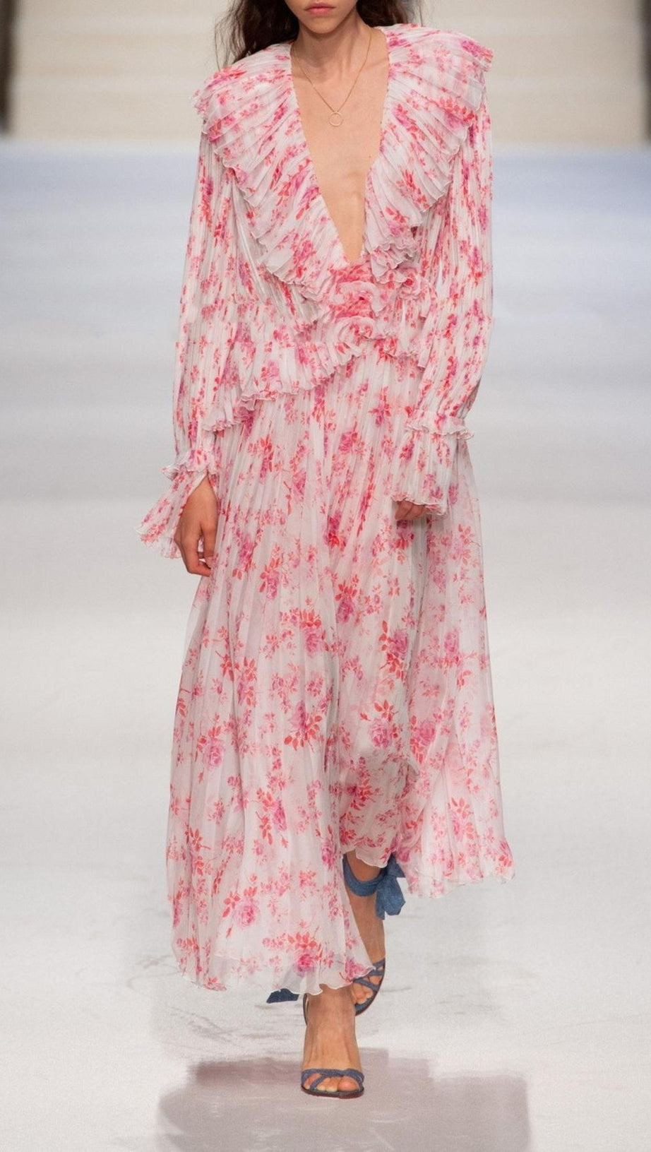 RUFFLED FLORAL-PRINT PLISSÉ-CHIFFON MAXI DRESS