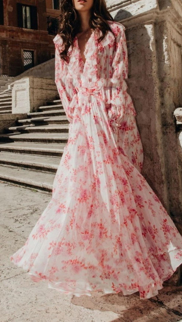 AIIZIE RUFFLED FLORAL-PRINT PLISSÉ-CHIFFON MAXI DRESS - product image