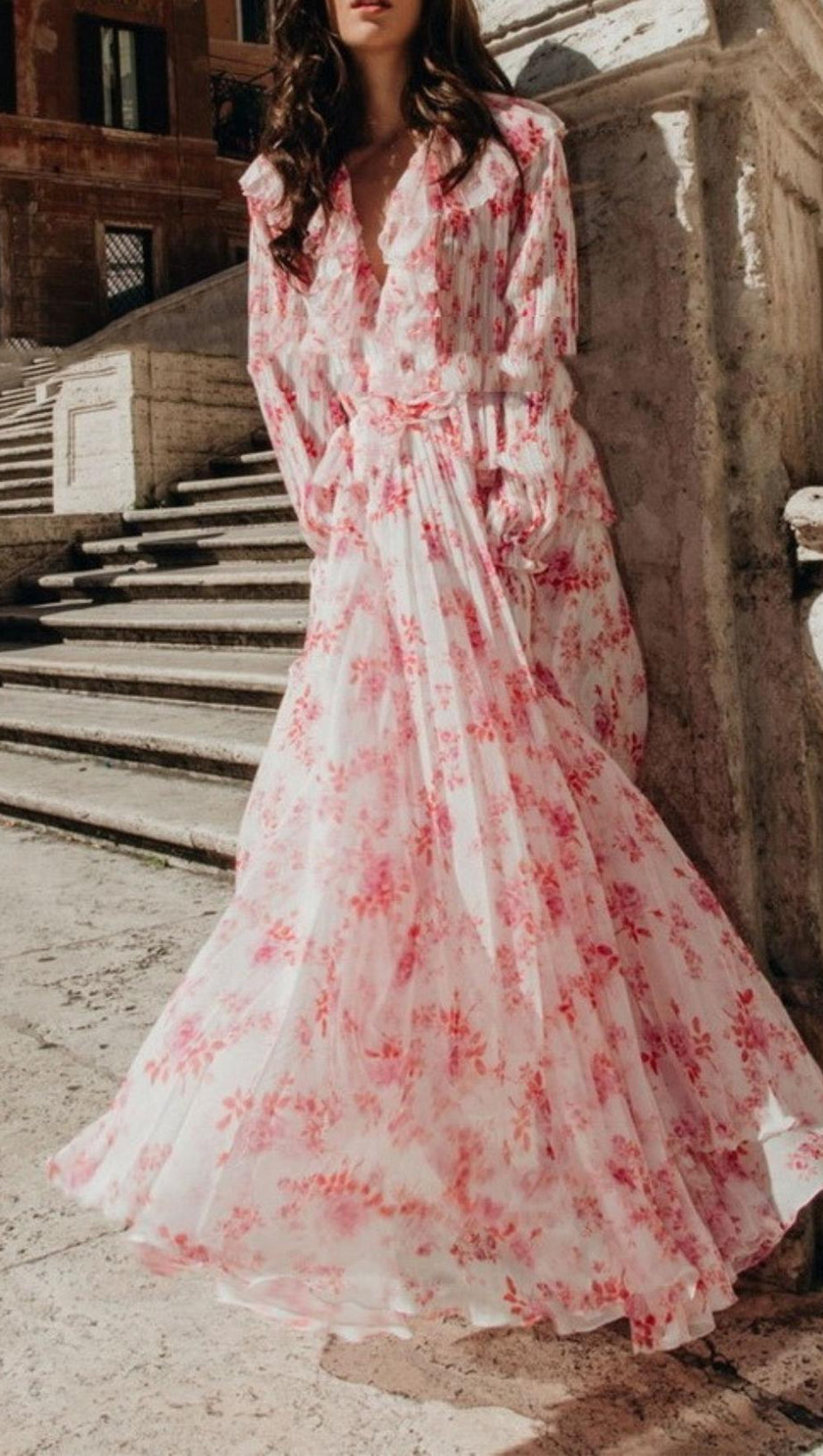 RUFFLED FLORAL-PRINT PLISSÉ-CHIFFON MAXI DRESS