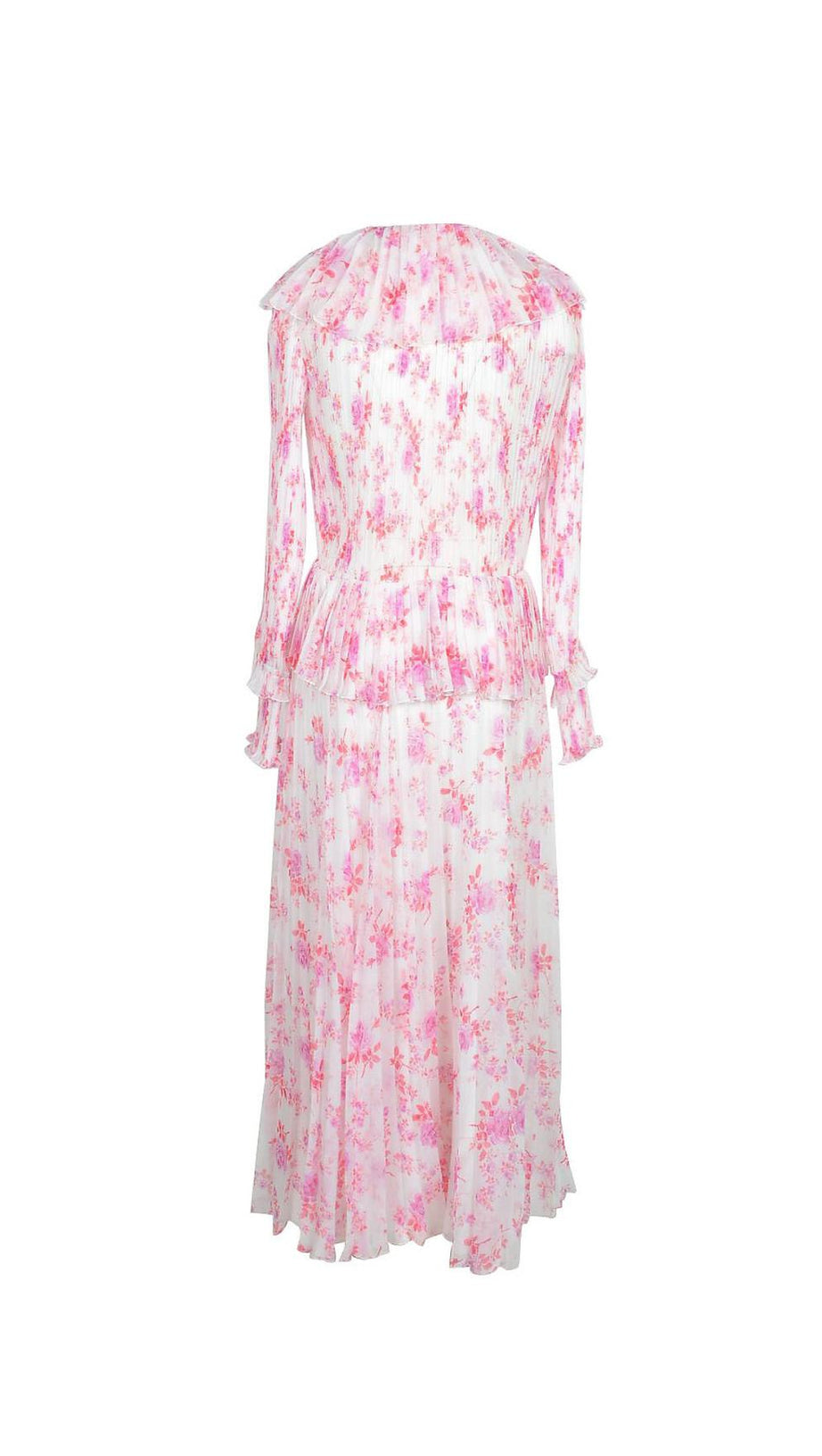 RUFFLED FLORAL-PRINT PLISSÉ-CHIFFON MAXI DRESS