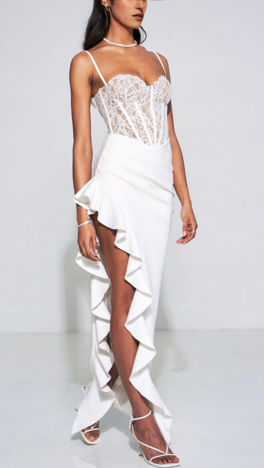 LACE ASYMMETRIC RUFFLE MIDI DRESS