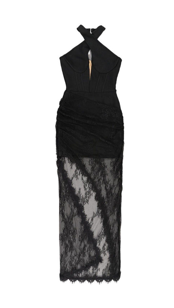 AIIZIE MESH CORSET HALTER MAXI DRESS IN BLACK - product image