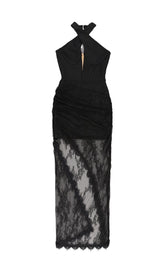 MESH CORSET HALTER MAXI DRESS IN BLACK