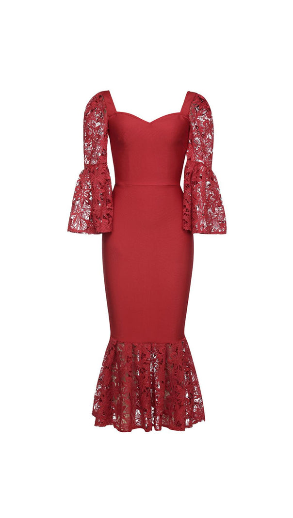 AIIZIE LACE SLEEVE MERMAID MAXI DRESS IN RED - product image