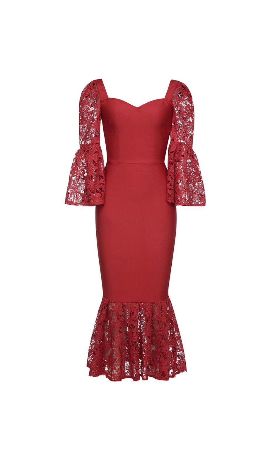 Rotes Meerjungfrauen-Maxikleid mit Spitzenärmeln 