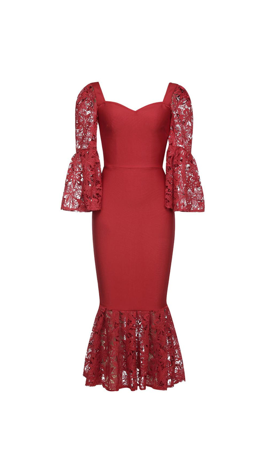 Rotes Meerjungfrauen-Maxikleid mit Spitzenärmeln 