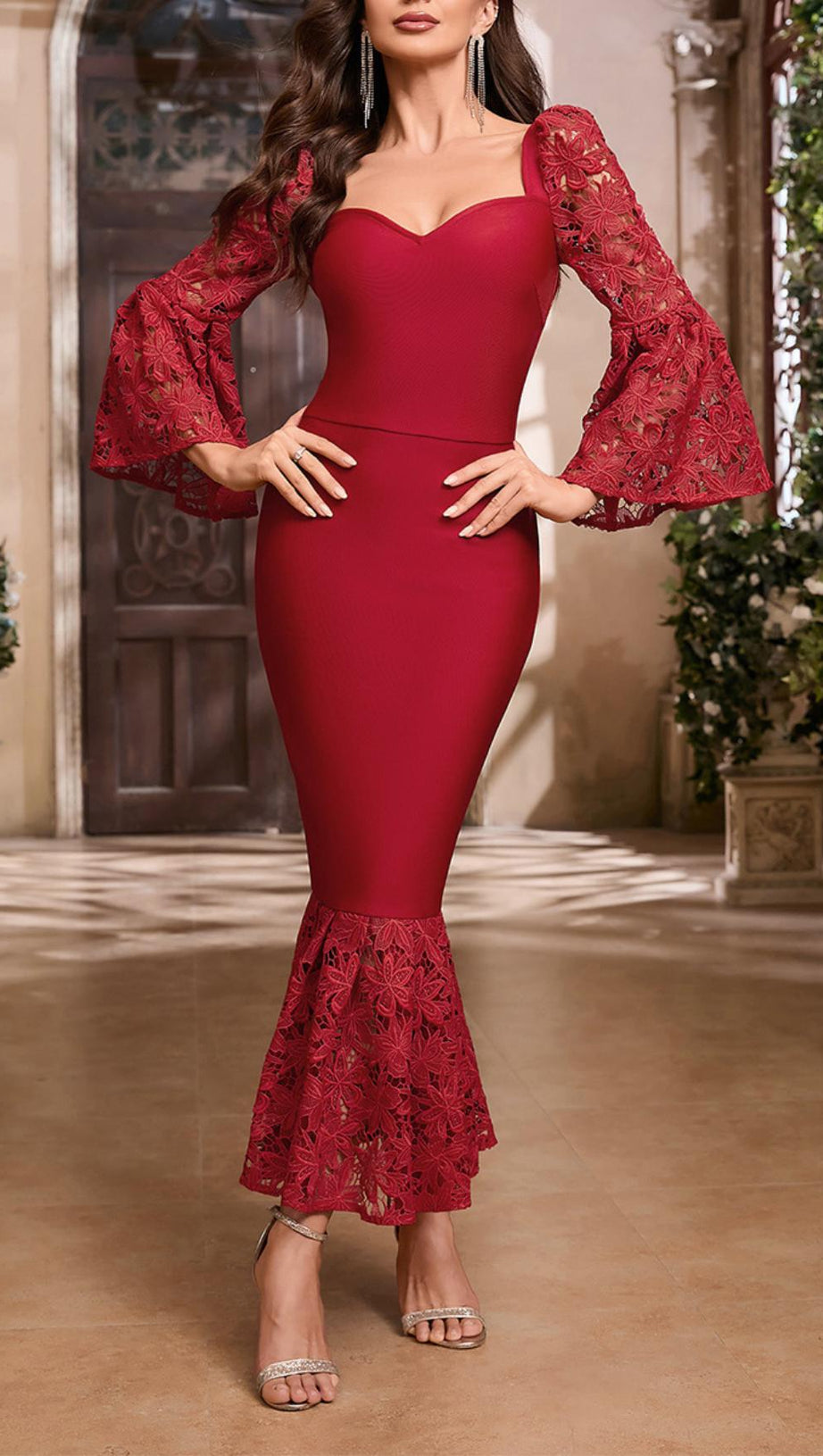 LACE SLEEVE MERMAID MAXI DRESS IN RED