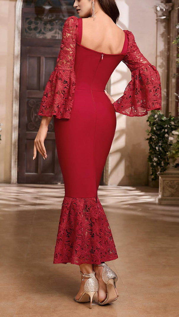AIIZIE LACE SLEEVE MERMAID MAXI DRESS IN RED - product image