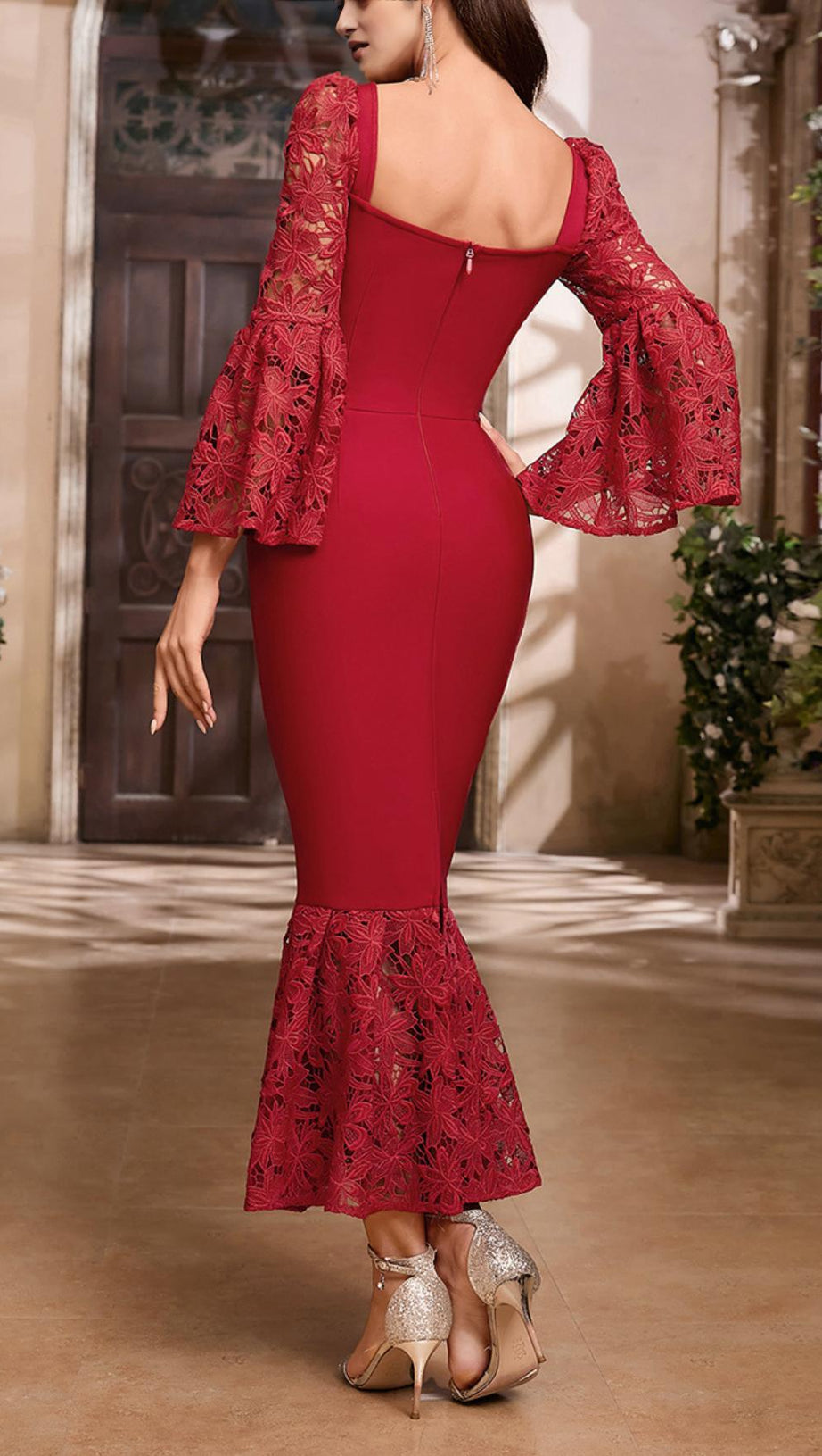 LACE SLEEVE MERMAID MAXI DRESS IN RED