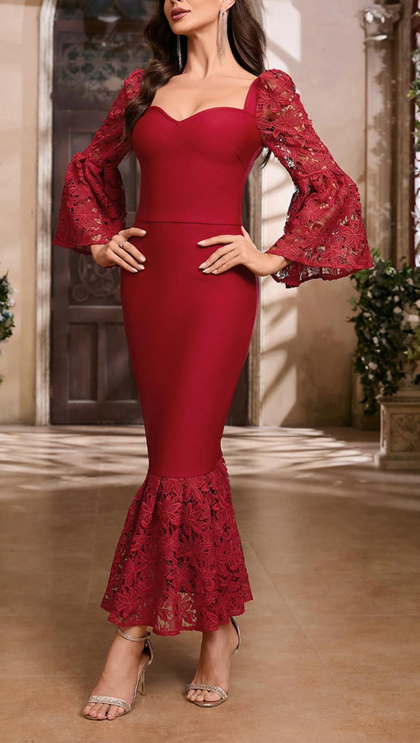 AIIZIE LACE SLEEVE MERMAID MAXI DRESS IN RED - product image