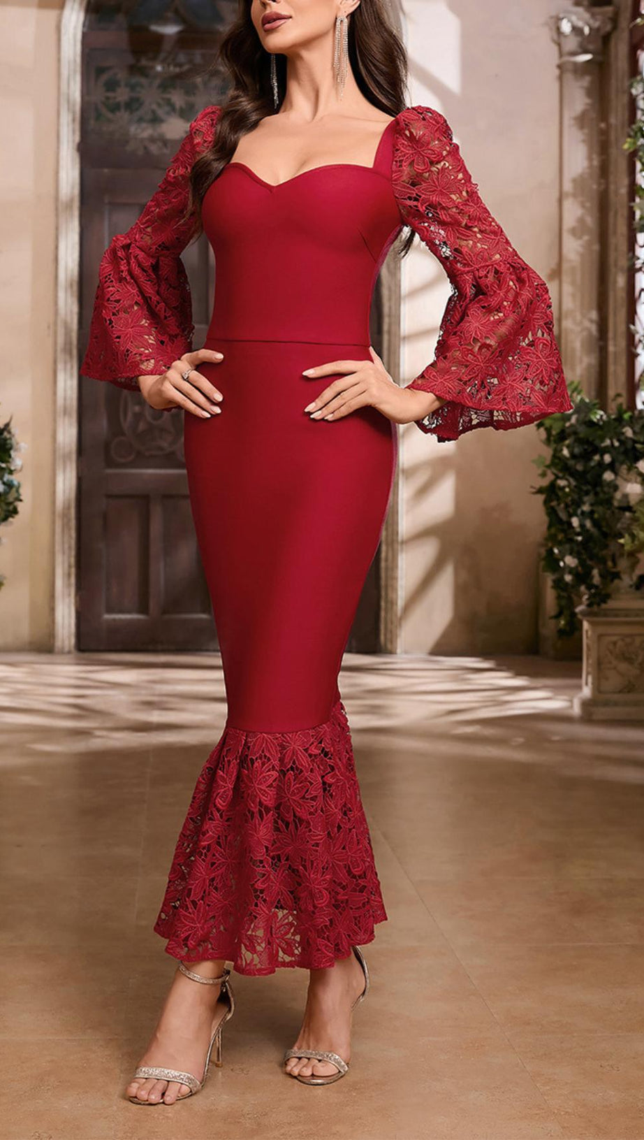LACE SLEEVE MERMAID MAXI DRESS IN RED