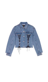 LACED-DETAIL COTTON-BLEND DENIM JACKET