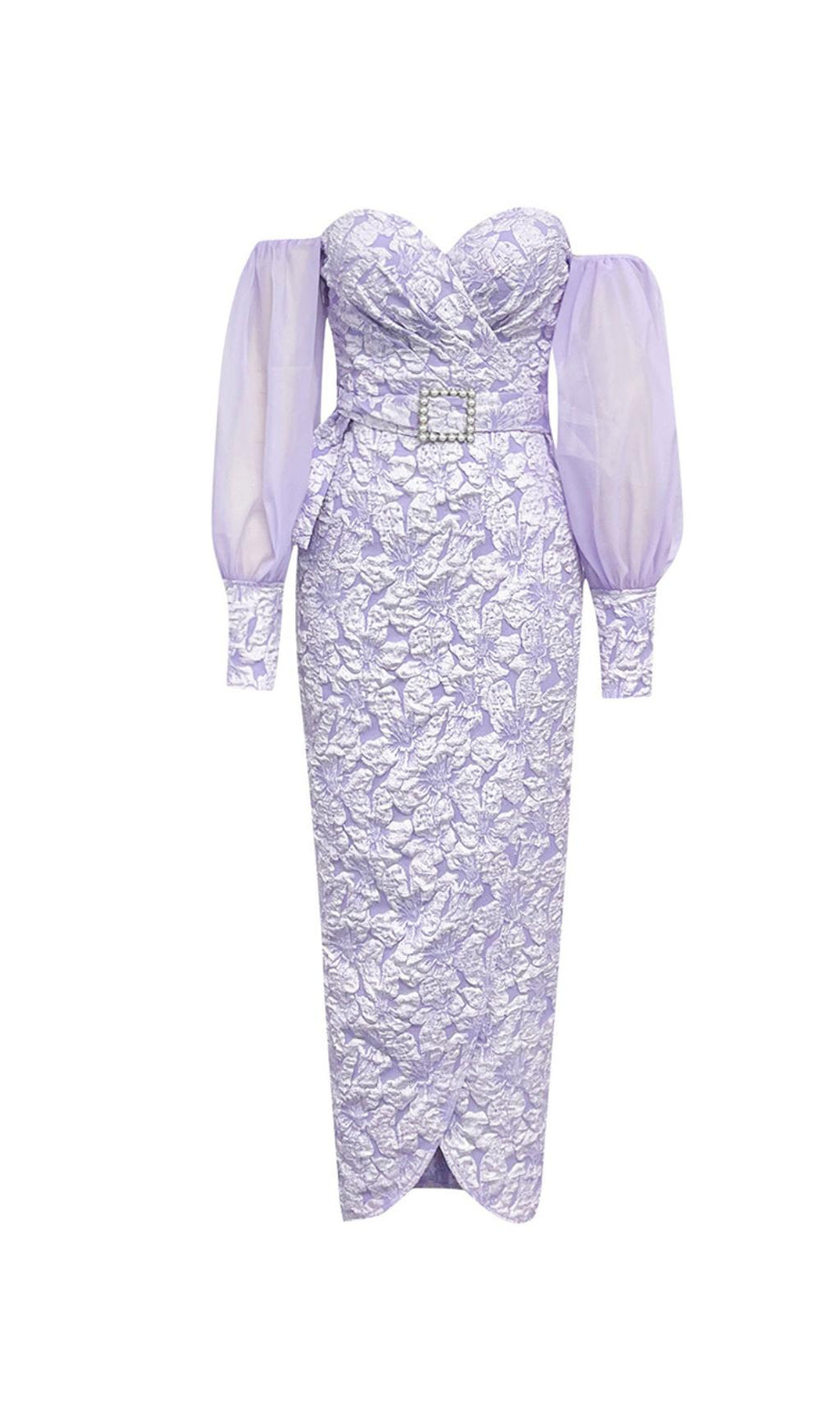 Lavendelfarbenes, bauschiges Maxikleid mit langen Ärmeln und Blumenmuster 