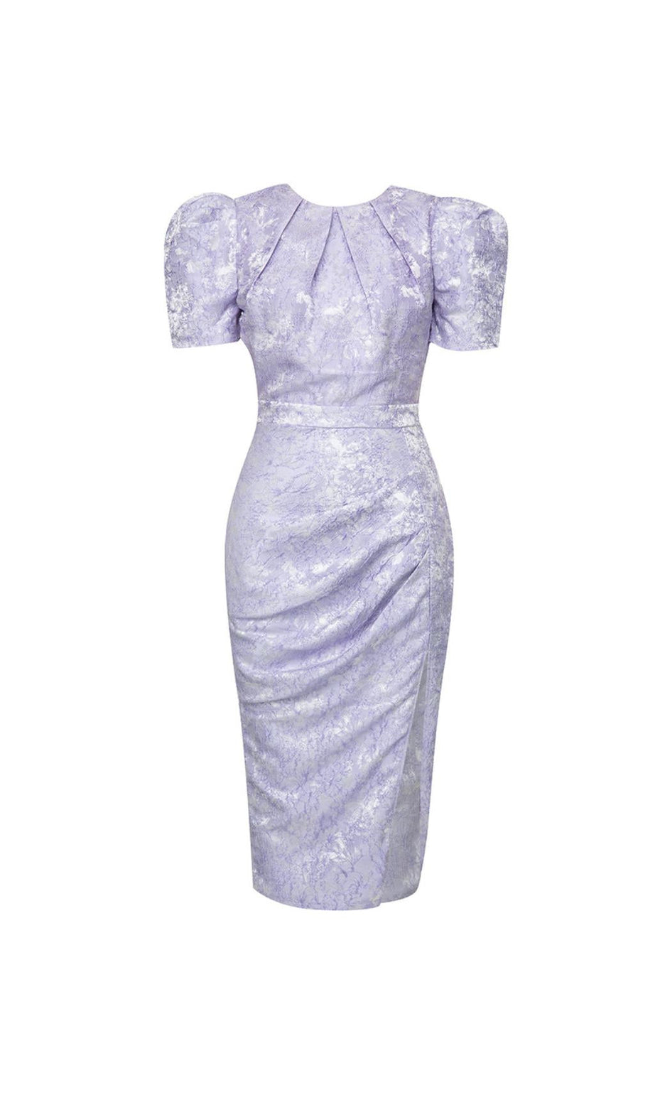 Lavendelfarbenes, kurzärmliges, drapiertes Midikleid mit Blumenmuster 