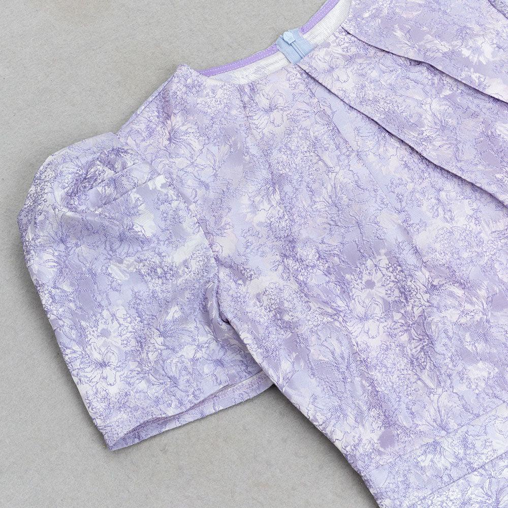 ABITO MIDI DRAPPEGGIATO A MANICHE CORTE CON FIORI LAVANDA 