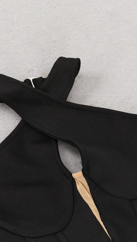 MESH CORSET HALTER MAXI DRESS IN BLACK