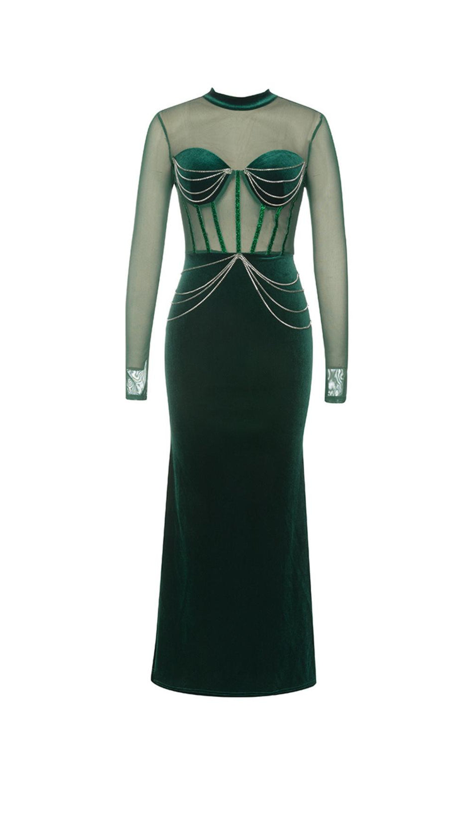 ABITO LUNGO IN VELLUTO CON BUSTIER A MANICHE LUNGHE 