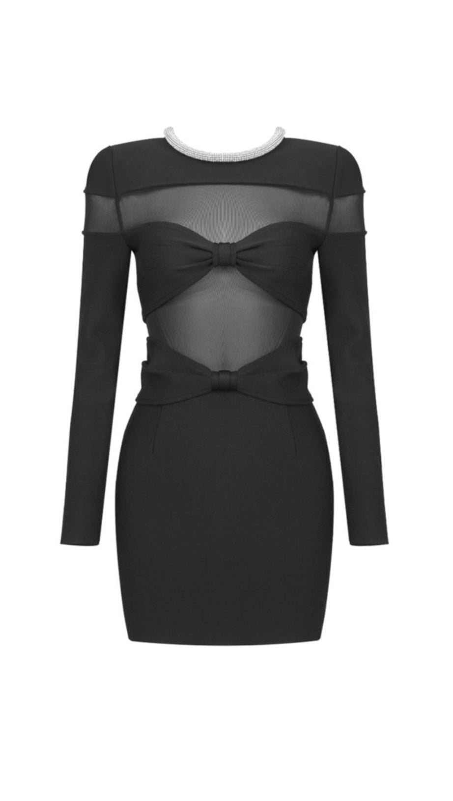 LONG SLEEVE CRYSTAL NECKLINE MINI DRESS