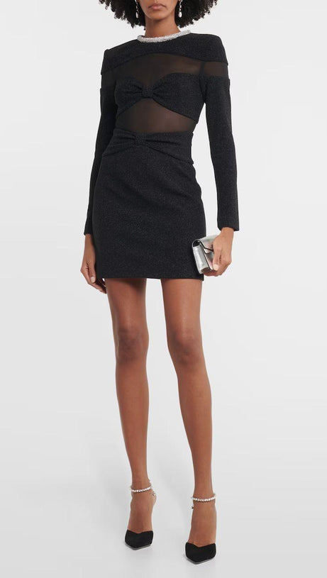 LONG SLEEVE CRYSTAL NECKLINE MINI DRESS