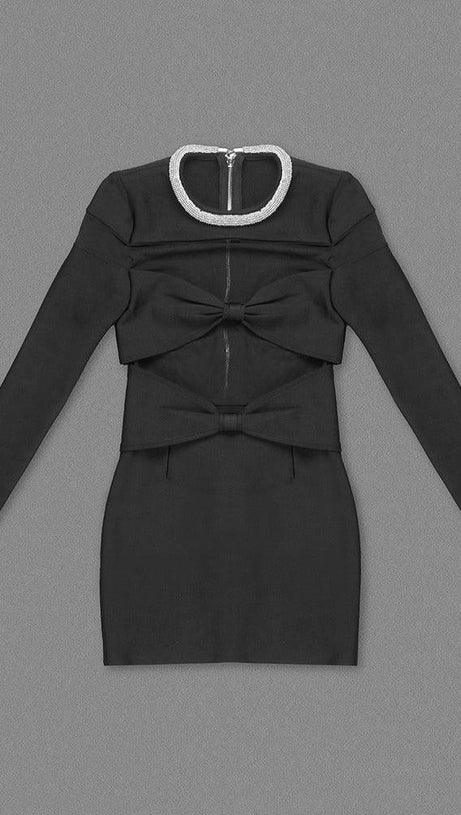 LONG SLEEVE CRYSTAL NECKLINE MINI DRESS