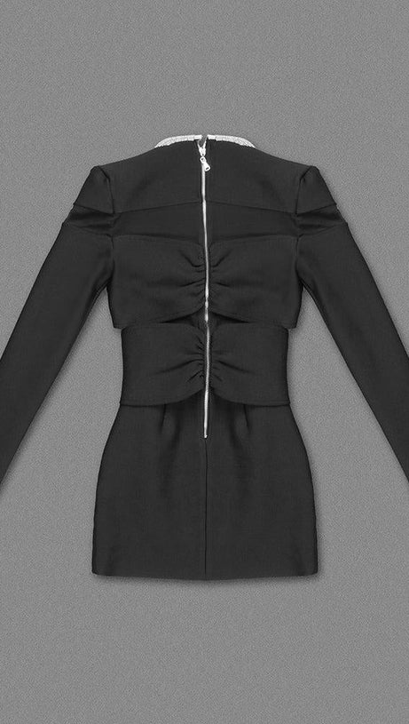 LONG SLEEVE CRYSTAL NECKLINE MINI DRESS
